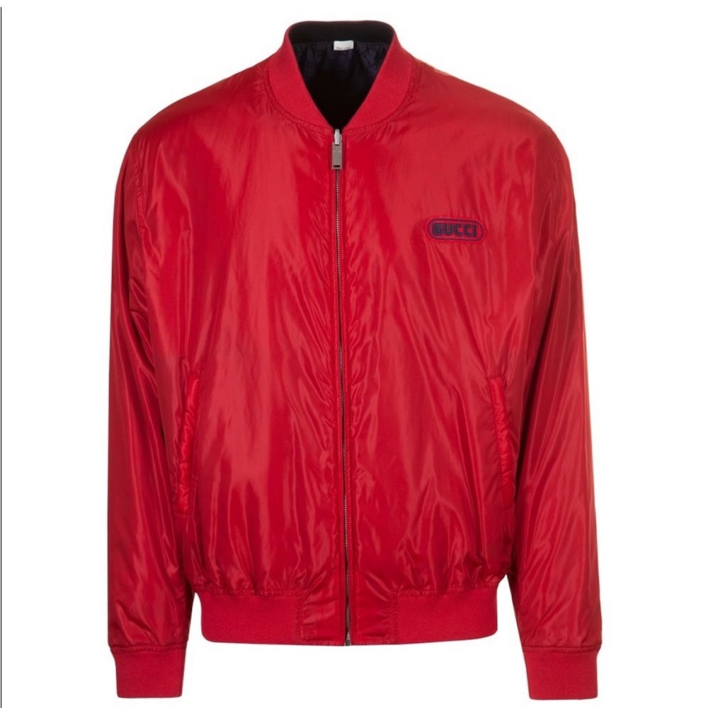 REVERSIBLE RED GG NYLON BOMBER JACKET IN BLUE